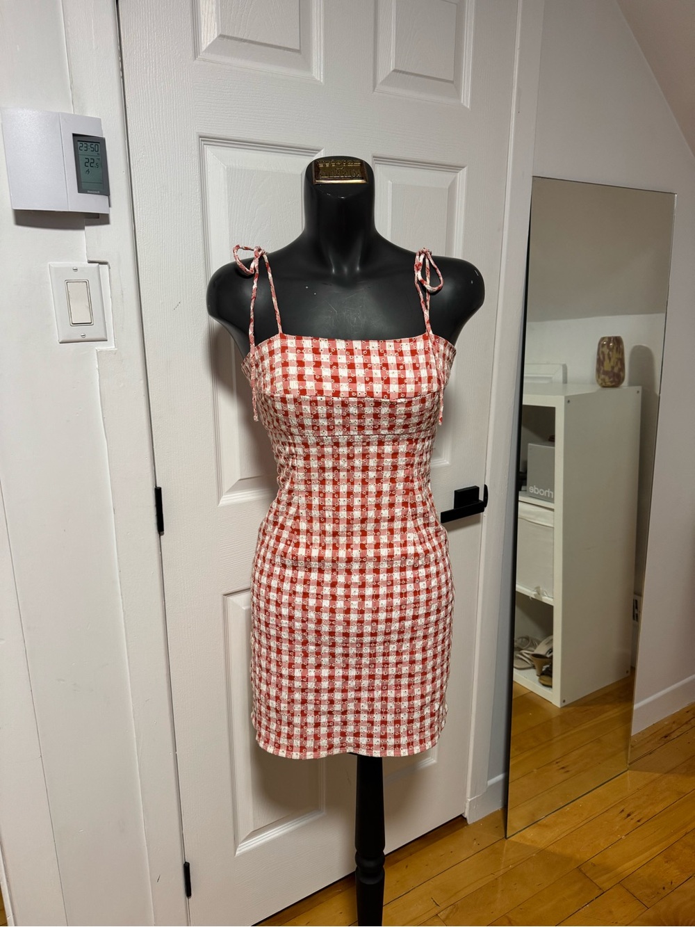 Tie-Strap Gingham Bodycon Dress in Red and White